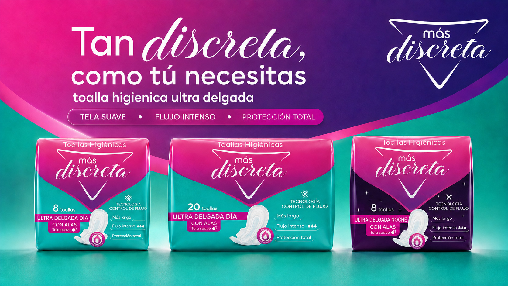 Colección Toallas Higiénicas Ultra Delgada Día y Noche · Tela Suave y Máxima Discreción · Más Discreta